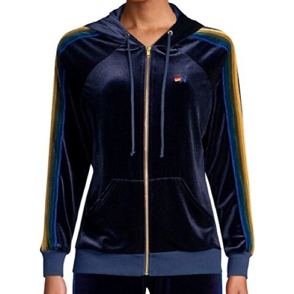 Aviator Nation Velvet Hoodie in Navy with Green Stripes